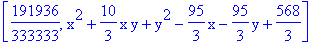[191936/333333, x^2+10/3*x*y+y^2-95/3*x-95/3*y+568/3]